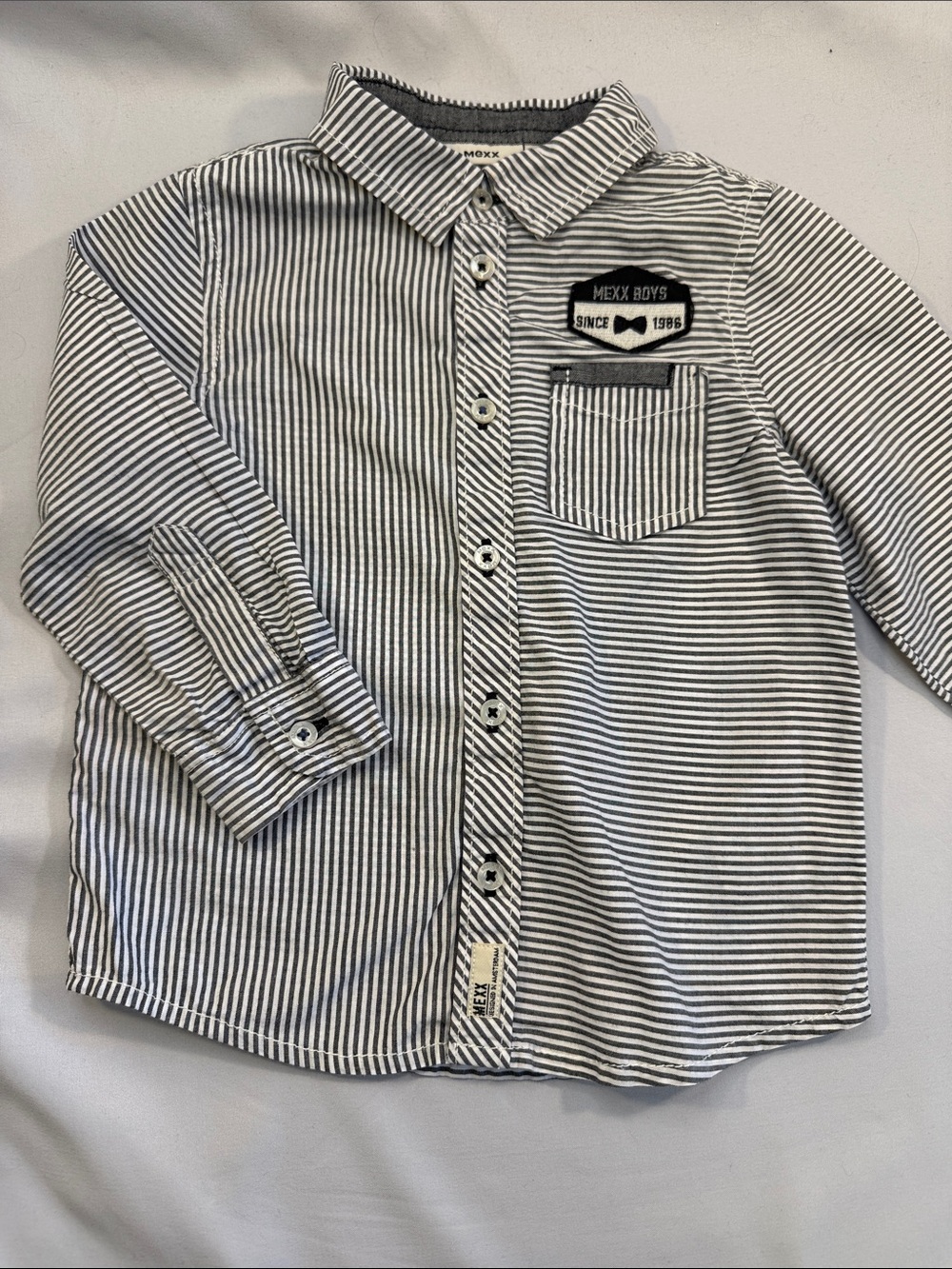 Mexx Boys White and Navy Striped Button-Down Shirt with Patch